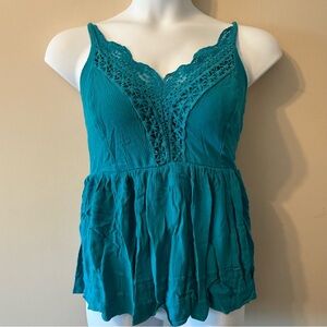 Torrid Teal Blue Crochet Crinkle Peplum Boho Western  Babydoll Cami Top Size 3X